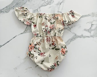 Baby girl romper, baby girl clothes, baby girl coming home outfit, baby girl outfit, white floral off shoulder romper, babyshower gifts