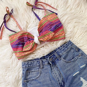 Hmong Women Bandeau Crop Top, Women Crop Top, bow tie bralette