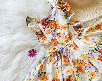 Purple and Orange Floral Girl Dress Baby girl clothes baby girl dress, baby girl pinafore dress, girl boho dress, baby girl boho outfit