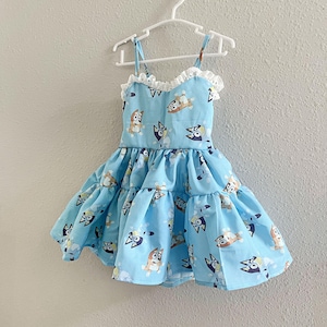 Blue dog Girl Dress, Blue Birthday Dress, Baby Girl Dress Blue dog hair bow