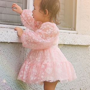 Boho Birthday Tutu Dress Pageant Baby Girl Dress Birthday Outfit Daisy Girl Dress Dress Pink romper tutu Puffy Sleeves Dress