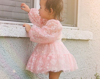 Flower Girl Boho Dress, Baby Girl Dress, Birthday Outfit, Daisy Girl Dress Dress Pink romper tutu, Puffy Sleeves Dress