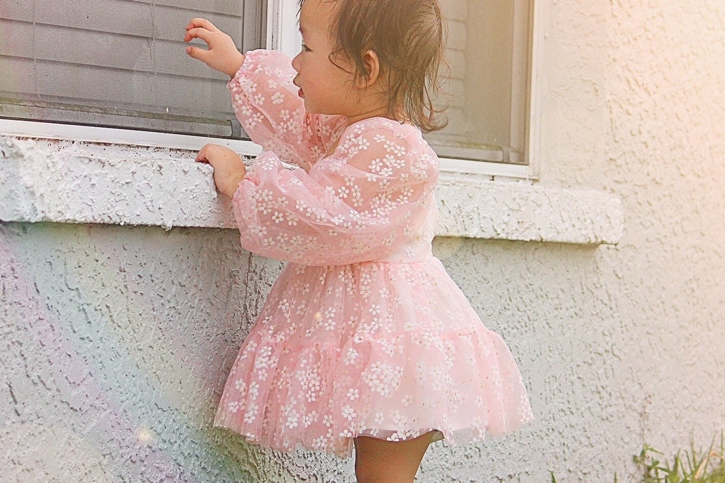 strapless open back dress Custom Pink Lace Puffy Sleeves Maternity Photoshoot Gown – Glamix Maternity main image 0