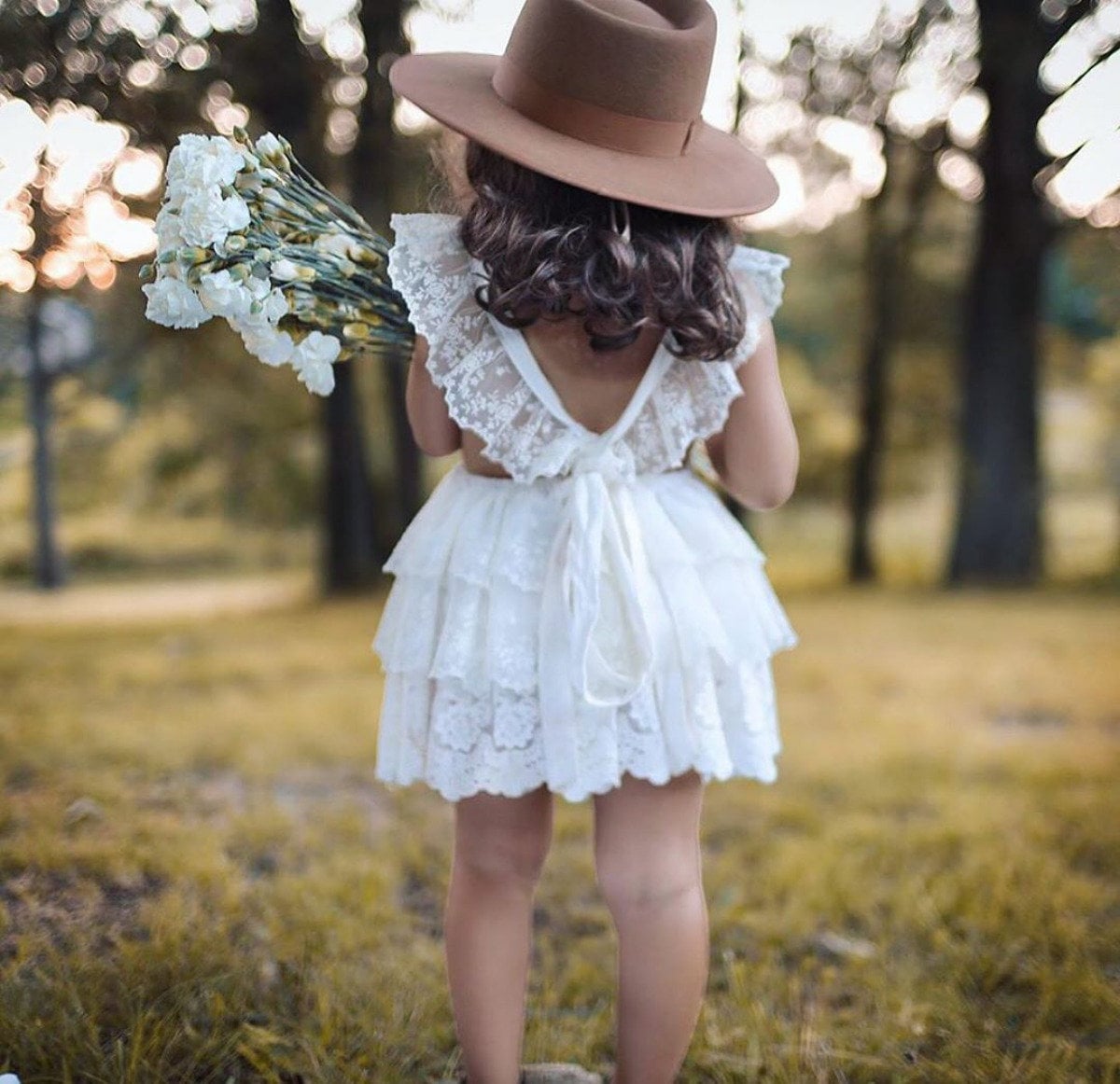 Bohemian puff sleeve embroidered white flower girl dress main image 0