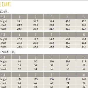 May include: A size chart with measurements in inches and centimeters. The chart includes size, height, chest, and waist measurements for sizes 1 through 10. The text "SIZE CHART" is at the top.