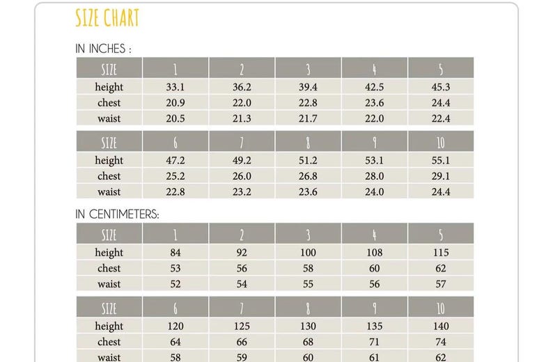 May include: A size chart with measurements in inches and centimeters. The chart includes size, height, chest, and waist measurements for sizes 1 through 10. The text "SIZE CHART" is at the top.