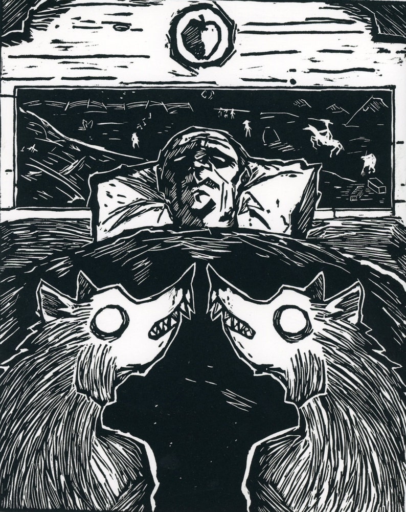 Linocut Print Printmaking Old Man Flanked by Wolves Surreal I Took One Apple to the Grave 9x11 Inches