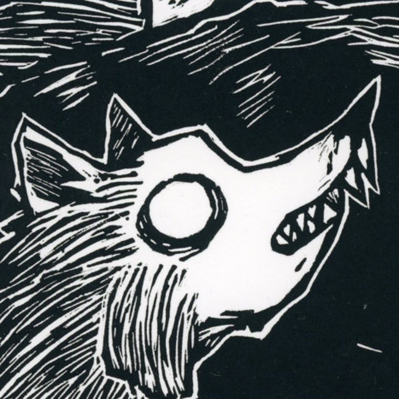 Linocut Print Printmaking Old Man Flanked by Wolves Surreal I Took One Apple to the Grave 9x11 Inches