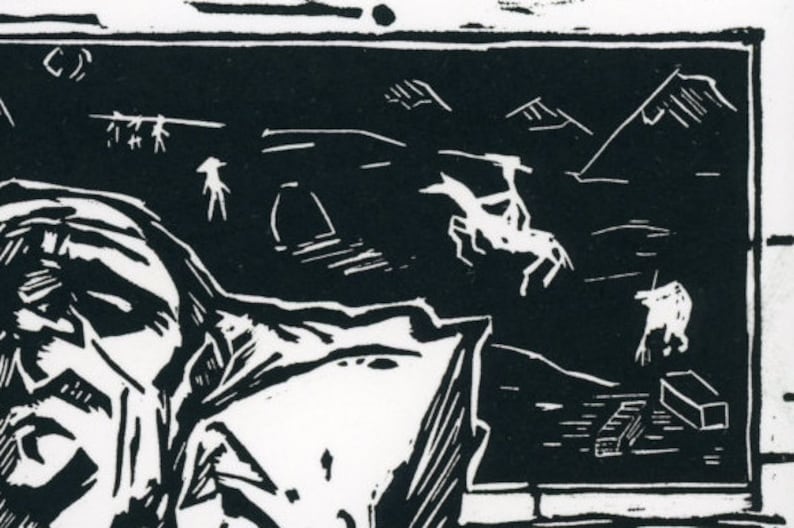 Linocut Print Printmaking Old Man Flanked by Wolves Surreal I Took One Apple to the Grave 9x11 Inches