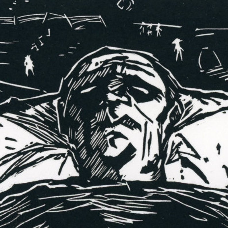 Linocut Print Printmaking Old Man Flanked by Wolves Surreal I Took One Apple to the Grave 9x11 Inches
