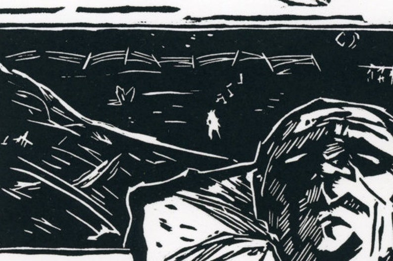 Linocut Print Printmaking Old Man Flanked by Wolves Surreal I Took One Apple to the Grave 9x11 Inches