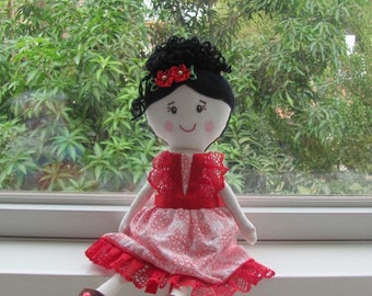 rag doll kerst rag doll, doek pop, Kerstmis doek pop, textiel doll, handgemaakte doek pop, 17 inch rag doll, rode jurk pop