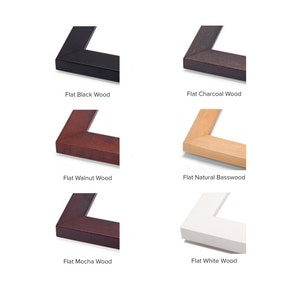 May include: Six different wood picture frame samples, each showing a corner of the frame. The frames are in the following colors: black, charcoal, walnut, natural basswood, mocha, and white.