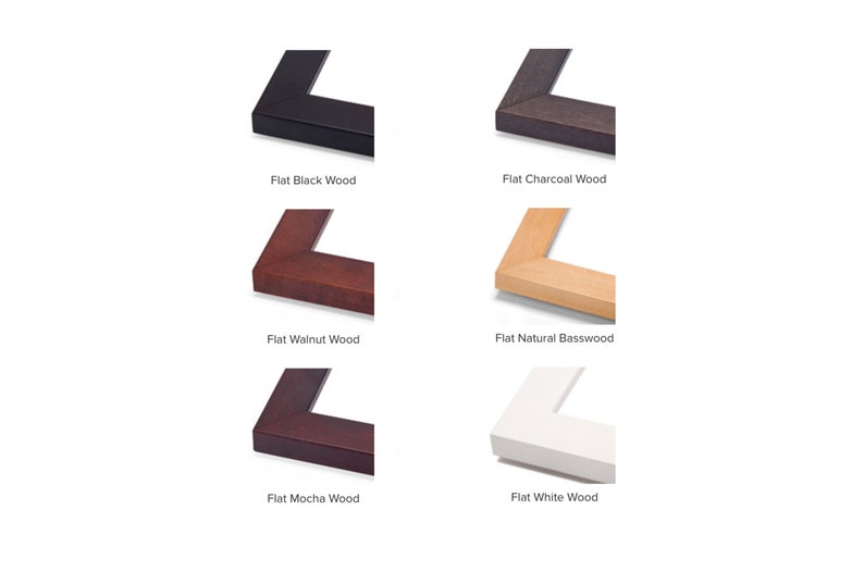 May include: Six different wood picture frame samples, each showing a corner of the frame. The frames are in the following colors: black, charcoal, walnut, natural basswood, mocha, and white.