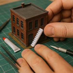 May include: A detailed miniature brick building model with a dark grey roof and windows. A white plastic staircase is being positioned next to the building. Tools and glue are on a green cutting mat.