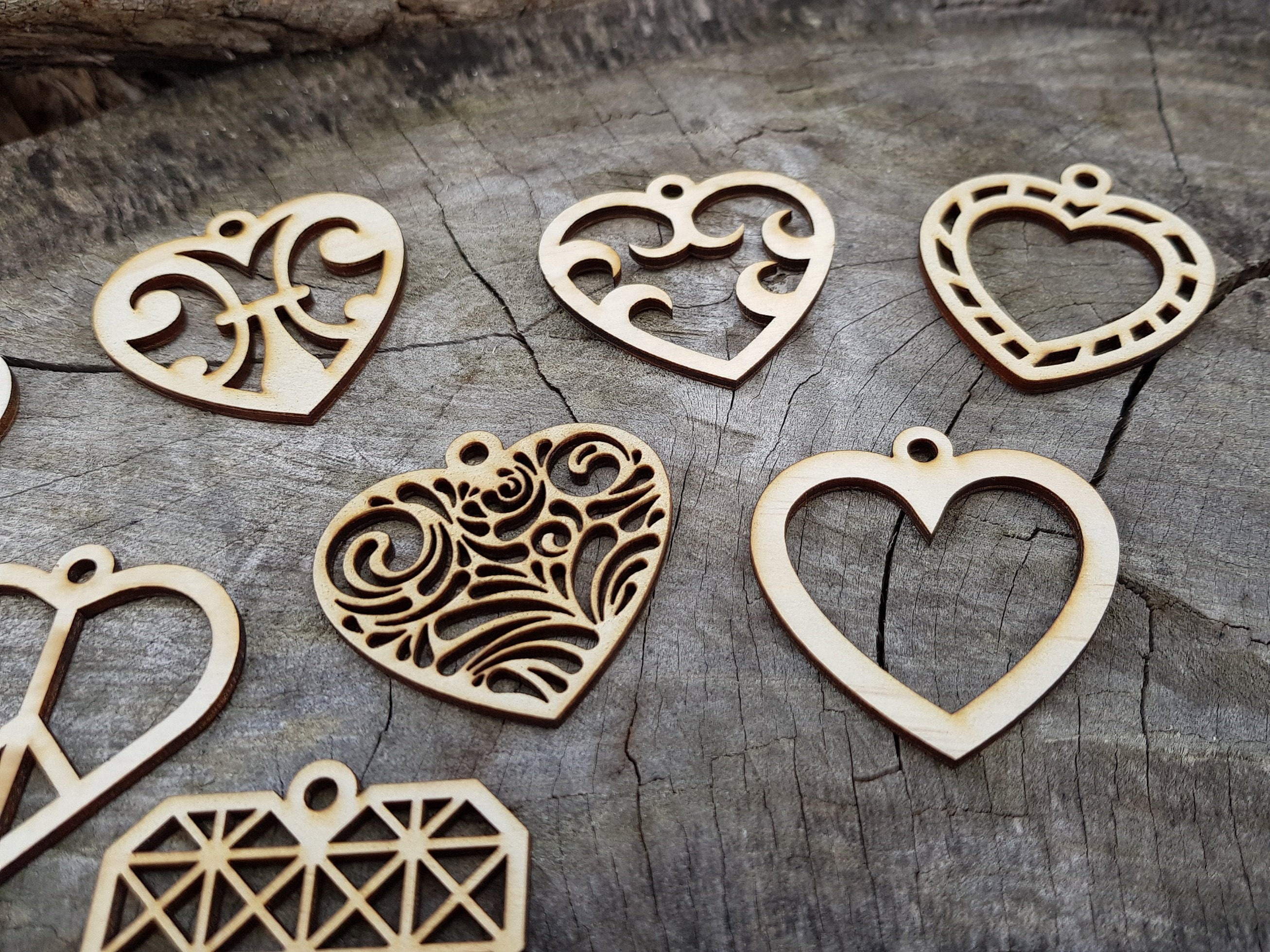 X10 Heart Shapes Wooden Heart Filigree Wood Heart Charm Earring or ...