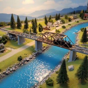Könnte beinhalten: Ein Miniaturmodell eines Zuges, der eine Brücke über einen blauen Fluss überquert. Die Brücke hat ein braunes und graues Design, mit einem Zug darauf. Die Szene umfasst grüne Bäume, Gras und kleine Häuser, mit Bergen im Hintergrund.