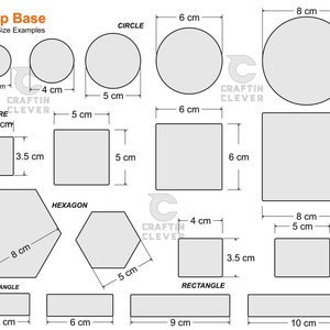 May include: Diagram showing different stamp base shapes and sizes in centimeters, including circle, square, hexagon, and rectangle.