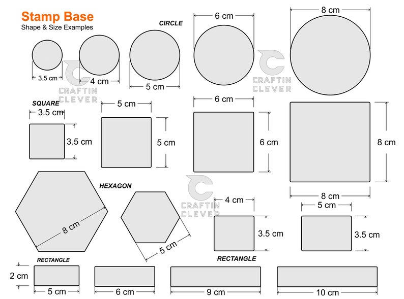 May include: Diagram showing different stamp base shapes and sizes in centimeters, including circle, square, hexagon, and rectangle.