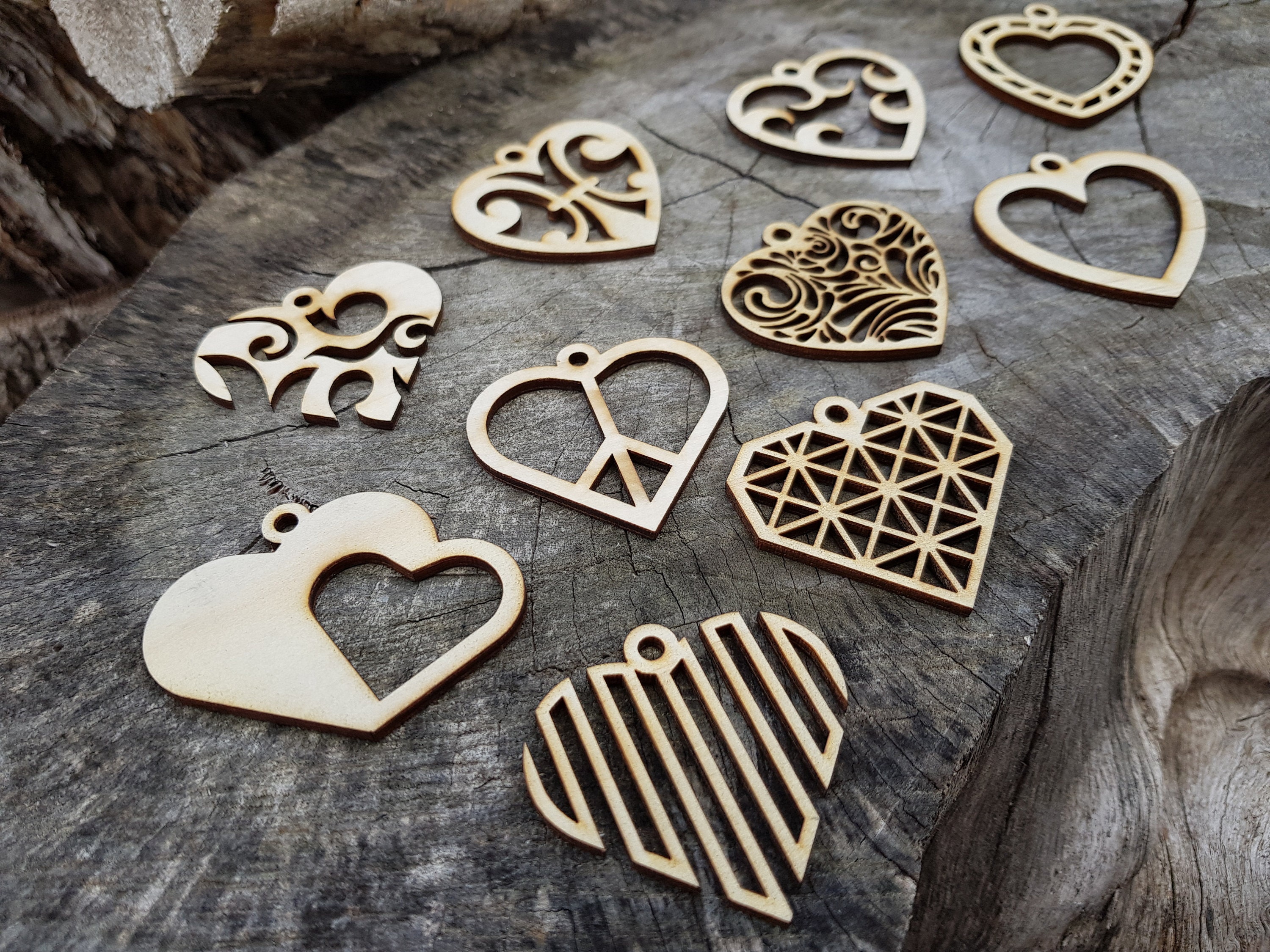 X10 Heart Shapes Wooden Heart Filigree Wood Heart Charm Earring or ...