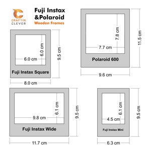 Peut inclure: Diagramme montrant les dimensions de diff&eacute;rents formats de film instantan&eacute;, y compris Fuji Instax Square, Fuji Instax Wide, Fuji Instax Mini et Polaroid 600. Les mesures sont en centim&egrave;tres.