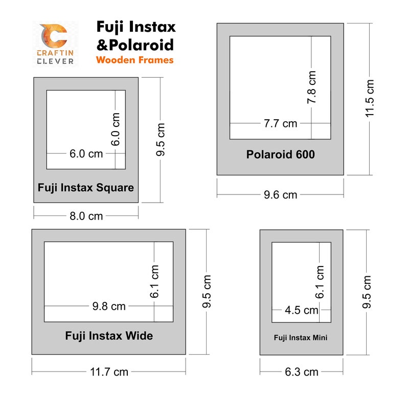Peut inclure: Diagramme montrant les dimensions de diff&eacute;rents formats de film instantan&eacute;, y compris Fuji Instax Square, Fuji Instax Wide, Fuji Instax Mini et Polaroid 600. Les mesures sont en centim&egrave;tres.