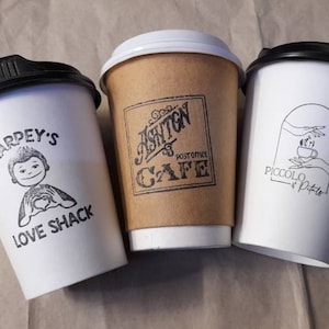 Coffee Cup Stamp, Personalised Stamp, Custom Rubber Stamp, Laser Cut Rubber Stamp, with Custom Coloured Handles. (Ink Pad Sold Separately)