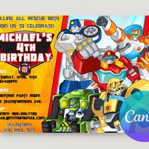 May include: A colorful birthday party invitation featuring Transformers Rescue Bots characters. The invitation includes the text "Michael's 4th Birthday" and event details. The background is orange and yellow.