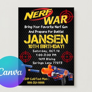 Nerf War Invitation, Nerf War Party Invitation, Nerf War Birthday Invitation, Nerf War Birthday Party Invitation