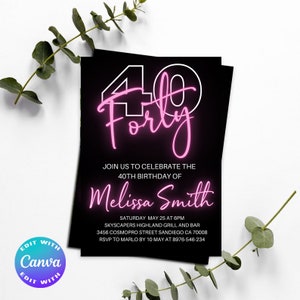 Editable Invitation, 40th Birthday Invitation for Women, 40th Birthday Invitation, Neon, Electronic Invite,  Forty and Fabulous, Neon Light