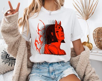 Demon Girl T-Shirt, Heart Flames Graphic Tee, Edgy Alt Style