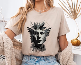 Grunge Surrealist Face Wings T-Shirt, Streetwear Graphic Top