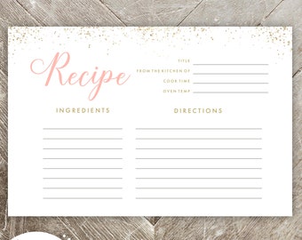 Cartes de recettes plates - Shower nuptiale - Demande de recette et instructions - or, rose, paillettes - téléchargement immédiat
