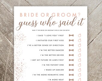 Devinez qui l'a dit - mariée ou marié - il a dit, elle a dit - jeu de douche nuptiale imprimable - or rose, marron, paillettes - téléchargement numérique instantané