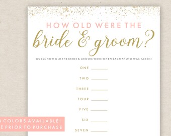 Quel âge devait avoir la mariée ? - 5 x 7 - impression de jeu de douche nuptiale - devinez l'âge - shower de mariage - rose fard à joues et or Rose - téléchargement immédiat