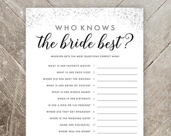 Qui connaît la mariée le mieux - anecdotes pour la douche nuptiale - jeu imprimable pour la douche nuptiale - argent, noir, paillettes - téléchargement numérique instantané