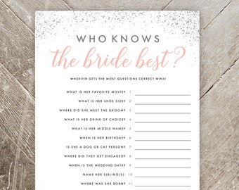 Who Knows the Bride Best - Bridal Shower Trivia - Printable Bridal Shower Game - Silver, Pink, Glitter - Instant Digital Download