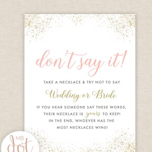 Don't Say Bride or Wedding - Don't Say it Bridal Shower Game - Jeu de colliers - or, rose, paillettes - téléchargement numérique instantané