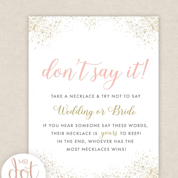 Don't Say Bride or Wedding - Don't Say it Bridal Shower Game - Necklace game - gold, pink, glitter - instant digital download