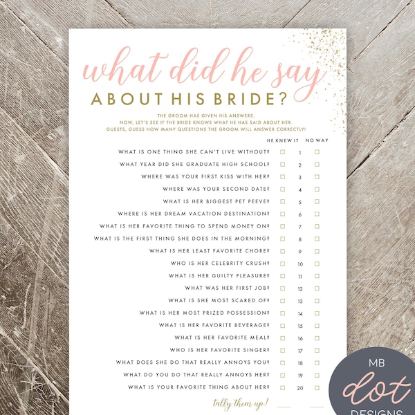 What Did He Say About His Bride - Bride or Groom - Printable Bridal Shower Game - Gold, Pink, Glitter - Instant Digital Download
