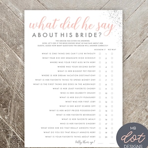What Did He Say About His Bride - Bride or Groom - Printable Bridal Shower Game - Silver, Pink, Glitter - Instant Digital Download