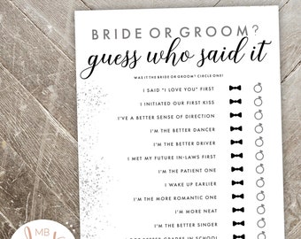 Guess Who Said it - Bride or Groom - He said, She said - printable shower game - silver, black, white- instant digital download