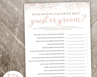 Guest or Groom - Who Knows Bride Best - What Did He Say  - printable bridal shower game - rose gold, glitter - instant digital download