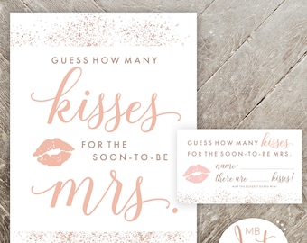 Guess How Many Kisses for the Soon-to-be Mrs - printable bridal shower game - Rose Gold, pink, glitter - instant digital download