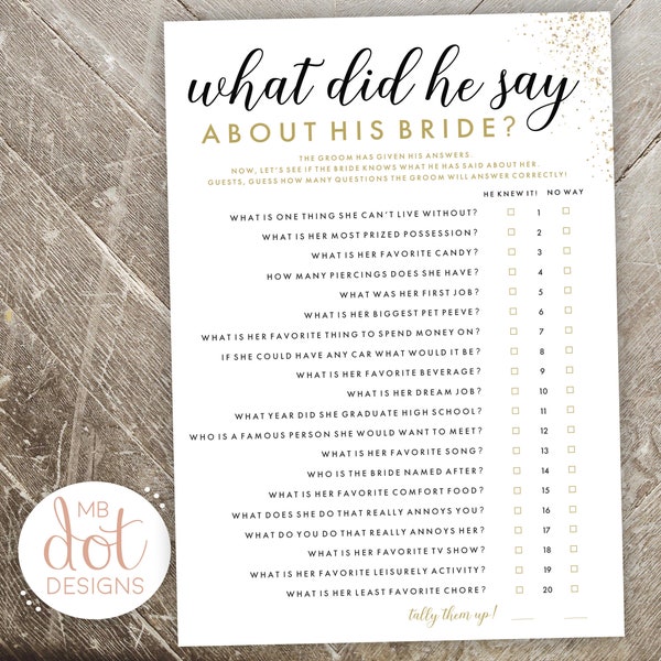 What Did He Say About His Bride - Bride or Groom printable bridal shower game - gold, black, glitter - instant digital download