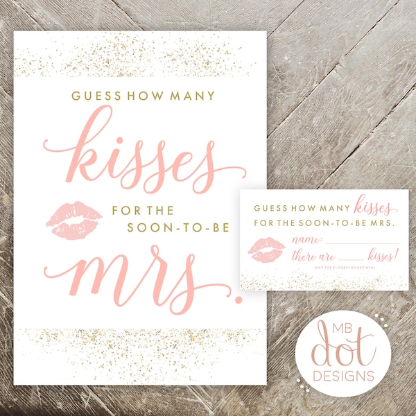 Guess How Many Kisses for the Soon-to-be Mrs - printable bridal shower game - gold, pink, glitter - instant digital download