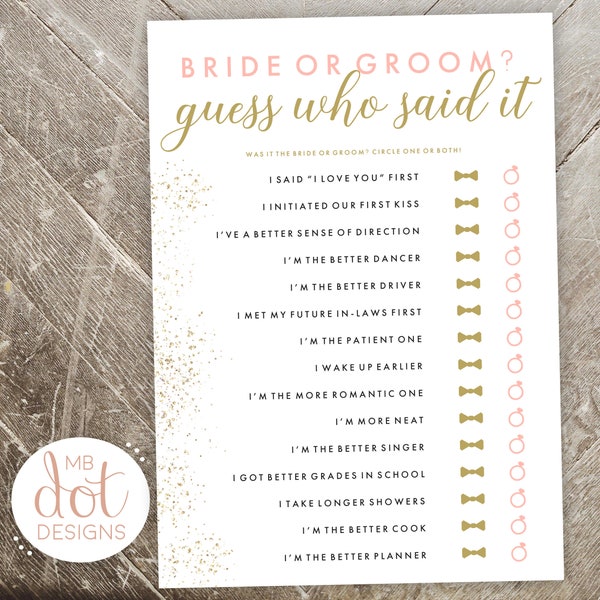 Guess Who Said it - Bride or Groom - He said, She said - printable bridal shower game - gold, pink, glitter - instant digital download