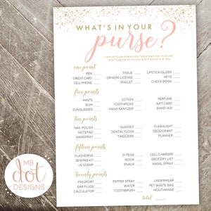 What's in Your Purse 5x7 Bridal Shower Game Print Wedding Shower Gold, Blush, Pink Instant Download image 1