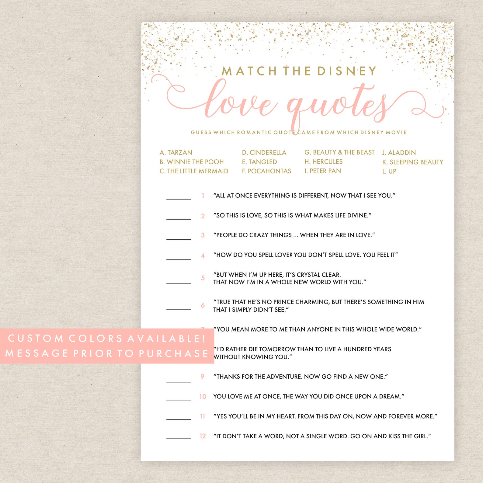 Match the Love Quotes Disney Quote Game Bridal Shower Etsy
