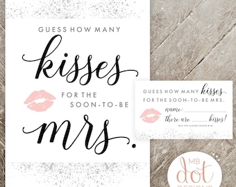 Guess How Many Kisses for the Soon-to-be Mrs - printable bridal shower game - black, white, silver, gray, glitter - instant digital download